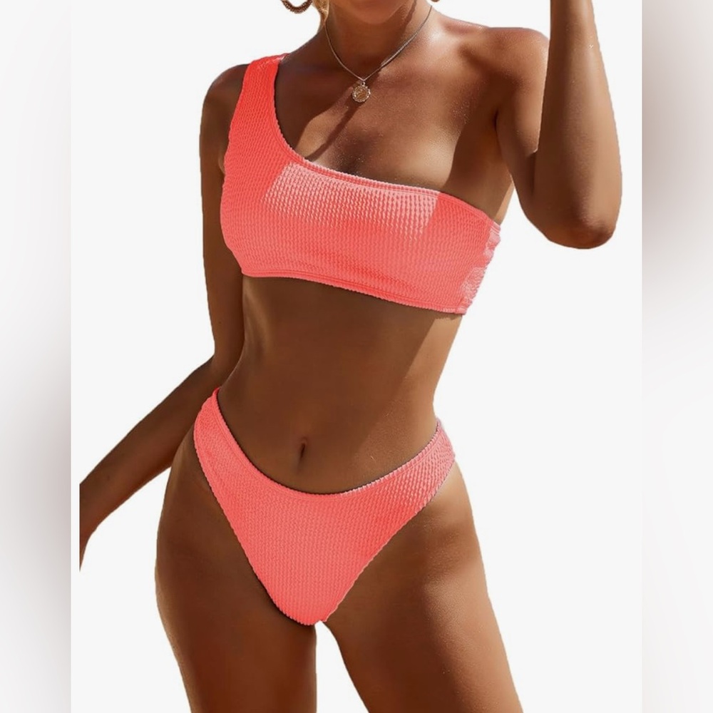 Vibrant Coral One-Shoulder Bikini Set